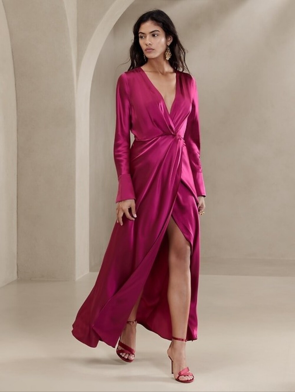 Banana Republic Etude 100% Silk Maxi Dress Size 4 Long Sleeve Pink V Neck